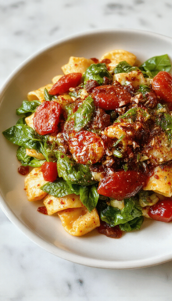 A vibrant plate of spinach and cherry tomato pasta on a rustic wooden table. The pasta is coated in a light olive oil sauce, topped with fresh spinach leaves and halved cherry tomatoes showing their juicy insides. The dish is artistically plated with a sprinkle of grated cheese and herbs, with a fork resting on the side. Natural light highlights the fresh ingredients and colorful presentation.