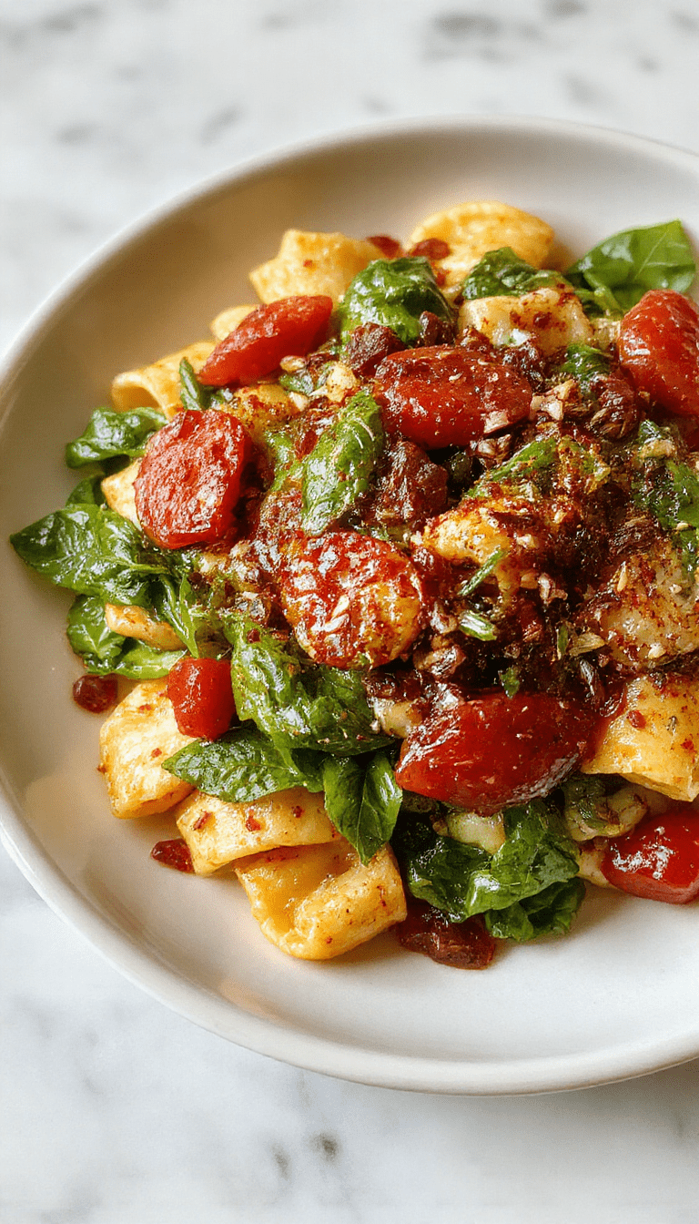 A vibrant plate of spinach and cherry tomato pasta on a rustic wooden table. The pasta is coated in a light olive oil sauce, topped with fresh spinach leaves and halved cherry tomatoes showing their juicy insides. The dish is artistically plated with a sprinkle of grated cheese and herbs, with a fork resting on the side. Natural light highlights the fresh ingredients and colorful presentation.