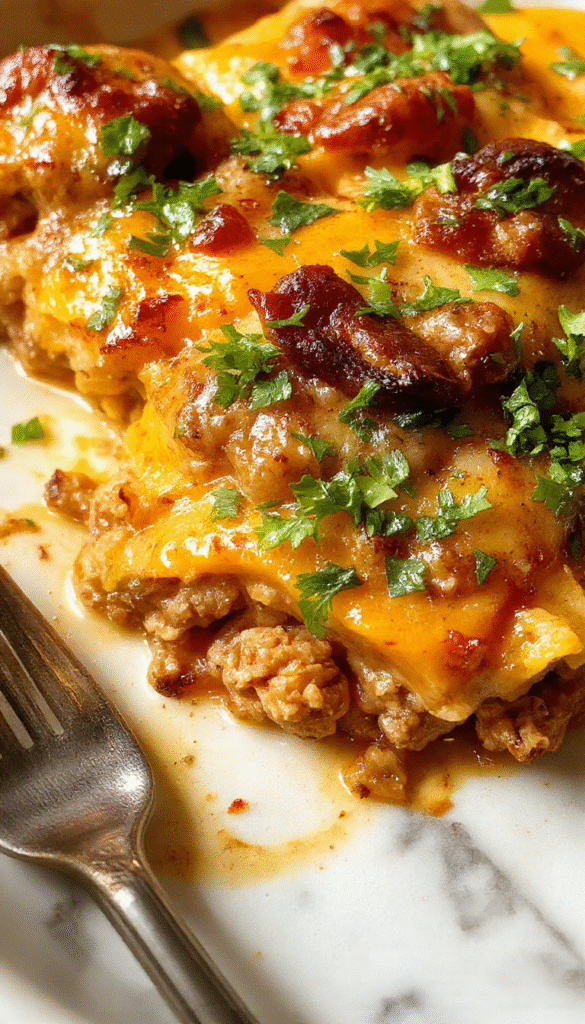 A vibrant, colorful plate featuring a baked dish with golden roasted sweet potato chunks and seasoned ground turkey, topped with fresh herbs. The casserole is presented in a rustic ceramic baking dish, with a side of green vegetables. The textures appear tender and juicy with crispy edges, beautifully styled to showcase a hearty, healthy meal.