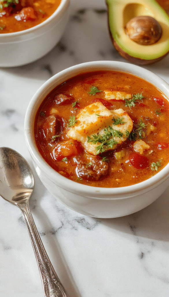 Vibrant bowl of Chile Relleno Soup featuring a rich red broth with chunks of roasted peppers, melted cheese, and herbs, garnished with fresh cilantro, served in a rustic white bowl on a wooden table, with a spoon and warm lighting highlighting the savory textures and colorful ingredients.
