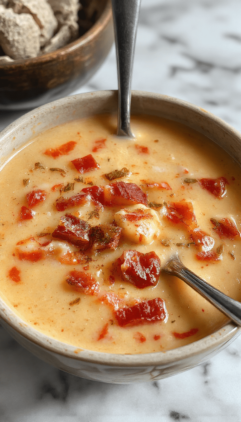 A rustic bowl of creamy cowboy soup topped with shredded cheese, chopped green onions, and crispy bacon bits. The soup has a rich, thick texture with visible chunks of beef, potatoes, and vegetables, served on a wooden table with a side of crusty bread and a spoon resting nearby. The background features a cozy farmhouse setting with warm lighting highlighting the comforting appeal of the dish.