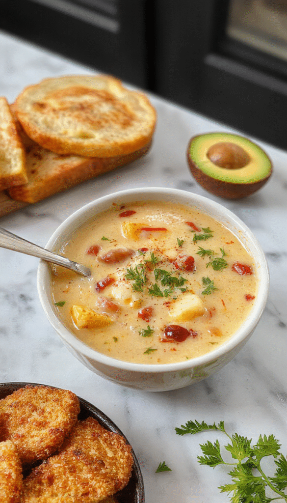 A steaming bowl of creamy cowboy soup garnished with chopped green onions and shredded cheese, served on a rustic wooden table with fresh herbs and crusty bread on the side. The soup is thick, hearty, and speckled with bits of tender beef and vegetables, showcasing a rich, beige color with vibrant green and red accents for a appetizing presentation.