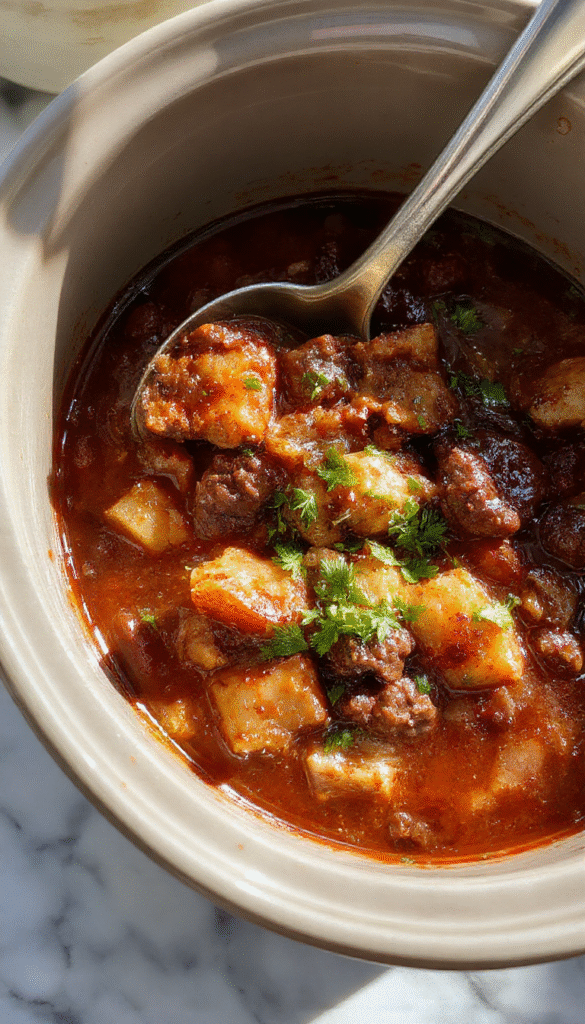 A warm bowl of beef stew with tender chunks of beef, carrots, potatoes, and celery in a rich, savory broth. The stew is garnished with fresh herbs and served on a rustic wooden table, with steam rising, highlighting the hearty textures and vibrant colors of the ingredients.
