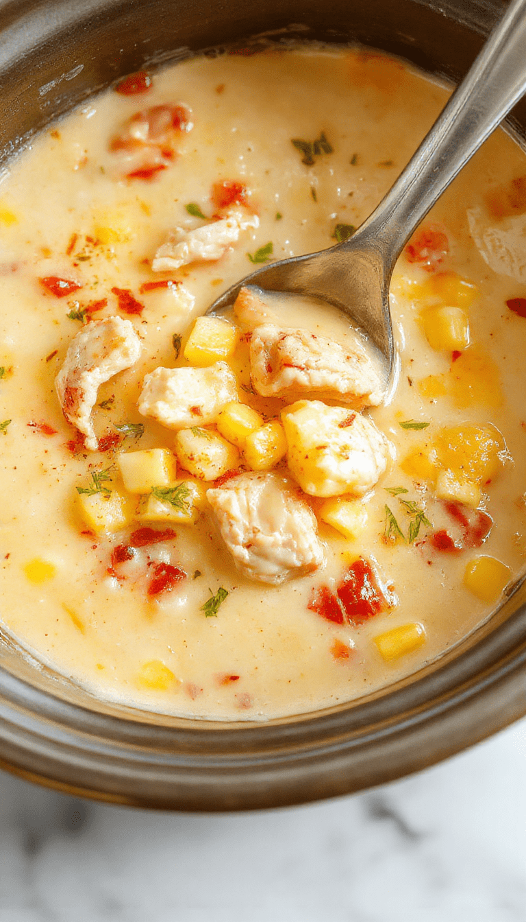 A steaming bowl of creamy chicken corn chowder with golden corn kernels, shredded chicken, and a silky broth garnished with chopped parsley, presented on a rustic wooden table with a spoon resting beside it, evoking warmth and comfort