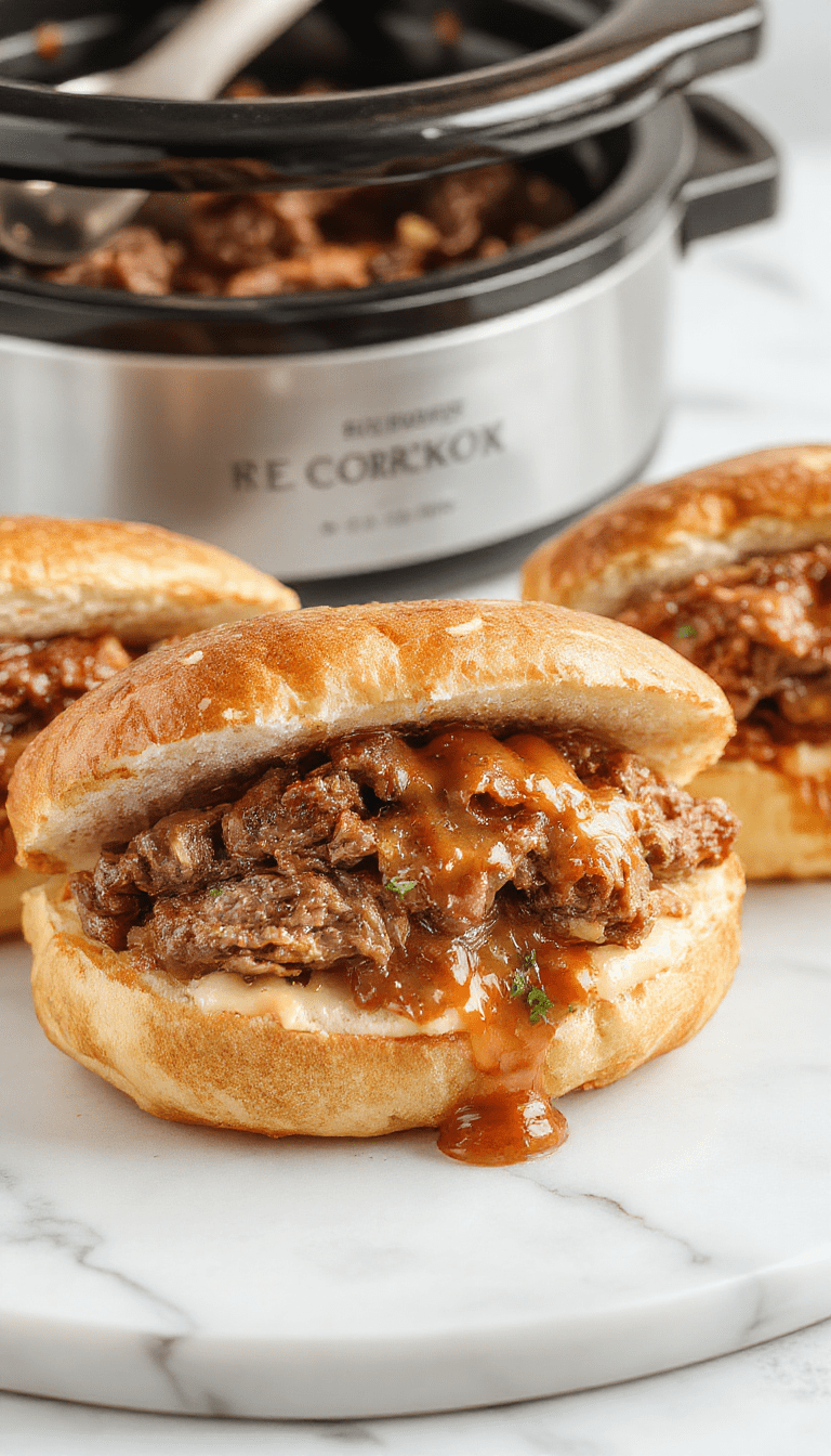 A close-up view of a savory French dip sandwich featuring tender, sliced roast beef piled on a toasted bun with a side of rich au jus in a rustic bowl, garnished with fresh herbs and accompanied by crispy fries on a textured wooden surface with warm lighting highlighting the juicy, melt-in-your-mouth textures.