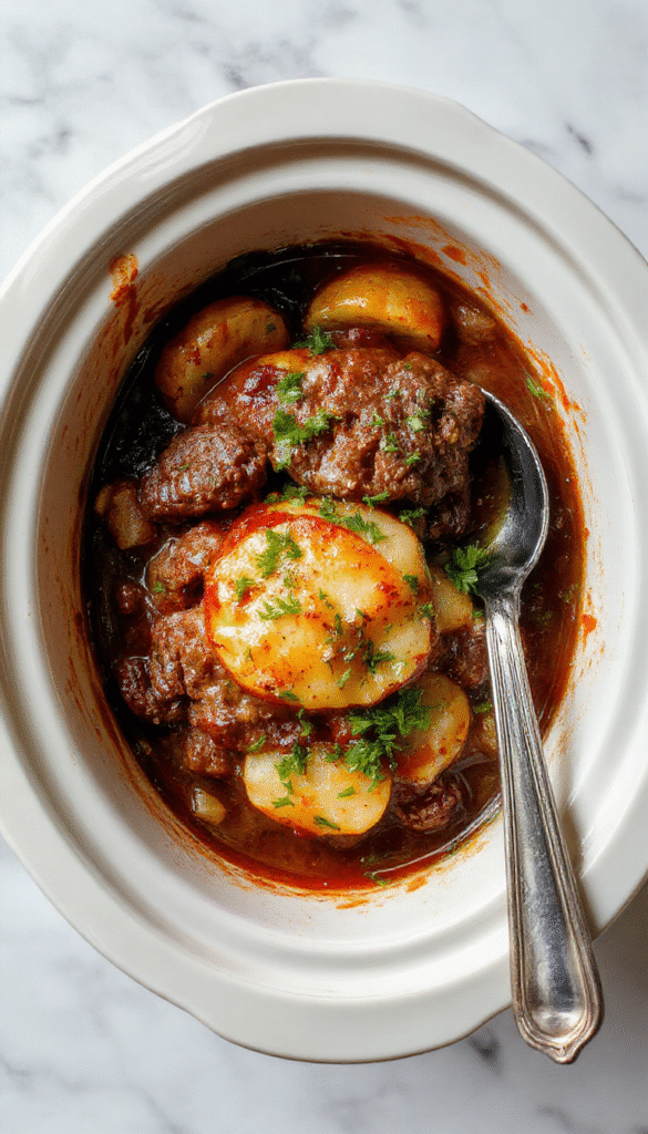 A rustic white plate showcasing a hearty casserole with layers of golden-brown, tender potatoes, seasoned ground beef, melted cheese, and garnished with chopped parsley. The dish sits on a wooden table with a stainless steel spoon, surrounded by fresh ingredients like potatoes, beef, and herbs, styled for a cozy, homestyle presentation.