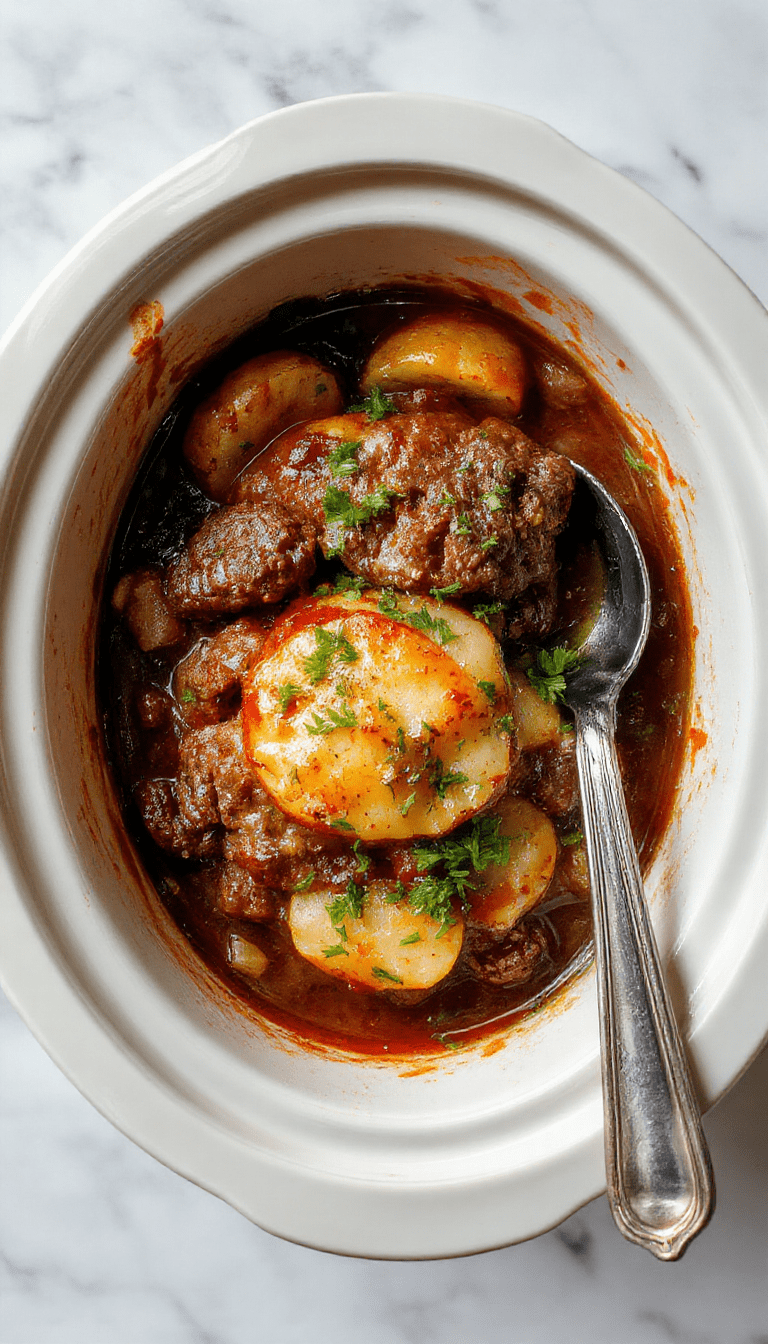 A rustic white plate showcasing a hearty casserole with layers of golden-brown, tender potatoes, seasoned ground beef, melted cheese, and garnished with chopped parsley. The dish sits on a wooden table with a stainless steel spoon, surrounded by fresh ingredients like potatoes, beef, and herbs, styled for a cozy, homestyle presentation.