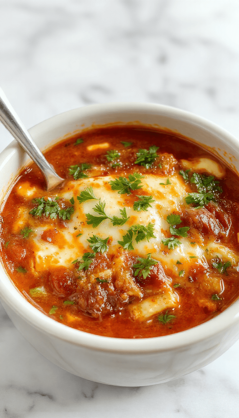 A vibrant bowl of crockpot lasagna soup topped with melted mozzarella and fresh basil, showcasing layers of rich tomato broth, cheesy pasta, and colorful vegetables, artfully plated on a rustic wooden table with a side of crusty bread.
