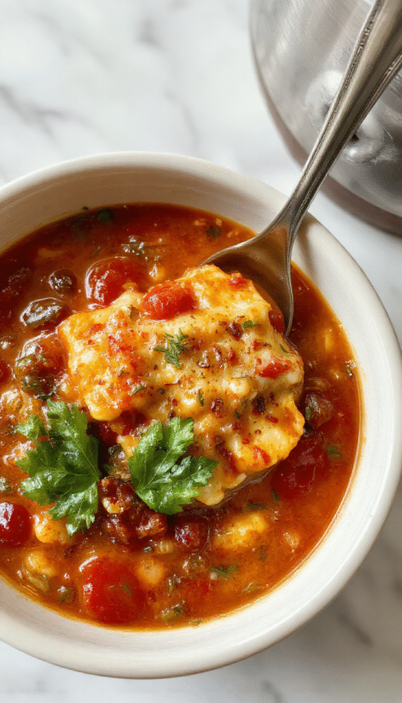 A vibrant bowl of lasagna soup garnished with fresh basil and shredded cheese, showcasing layers of seasoned ground meat, tender pasta, and rich tomato broth. The soup sits on a rustic wooden table with a spoon, with bread slices and herbs in the background, highlighting a cozy, comforting meal.