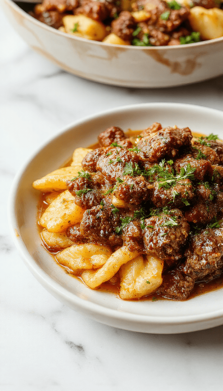 A warm bowl of savory ground beef orzo stew garnished with fresh herbs, showcasing tender diced beef mixed with al dente orzo pasta in a rich broth, styled on a rustic wooden table with a spoon and a sprig of herbs for enhancement.