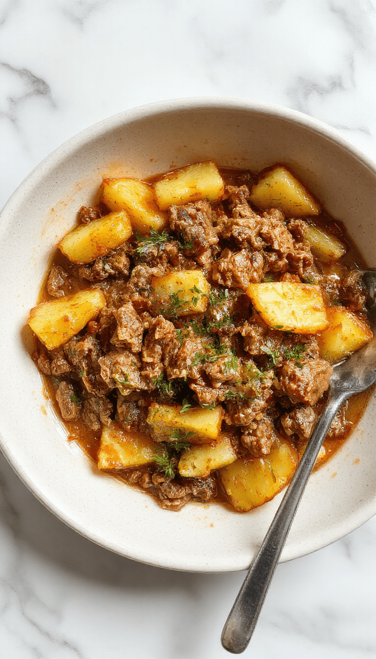 A colorful skillet featuring browned ground turkey mixed with golden roasted potatoes, garnished with fresh herbs, served on a rustic wooden table with a side of green vegetables, showcasing a hearty and inviting meal.