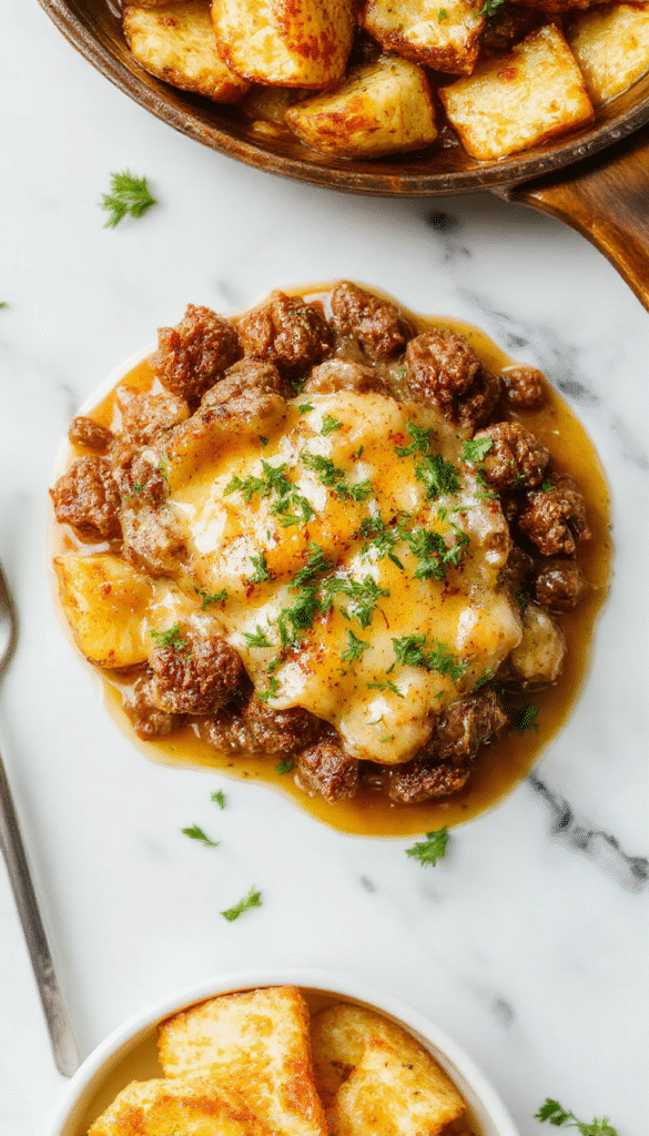 A vibrant, close-up photo of a freshly cooked cheesy meat and potato skillet in a rustic cast iron pan. The dish features golden roasted potatoes topped with melted cheese, tender ground meat, and garnished with chopped green herbs. The skillet rests on a wooden surface, with steam rising and a colorful backdrop of fresh ingredients like herbs and vegetables, emphasizing the hearty and comforting appeal.