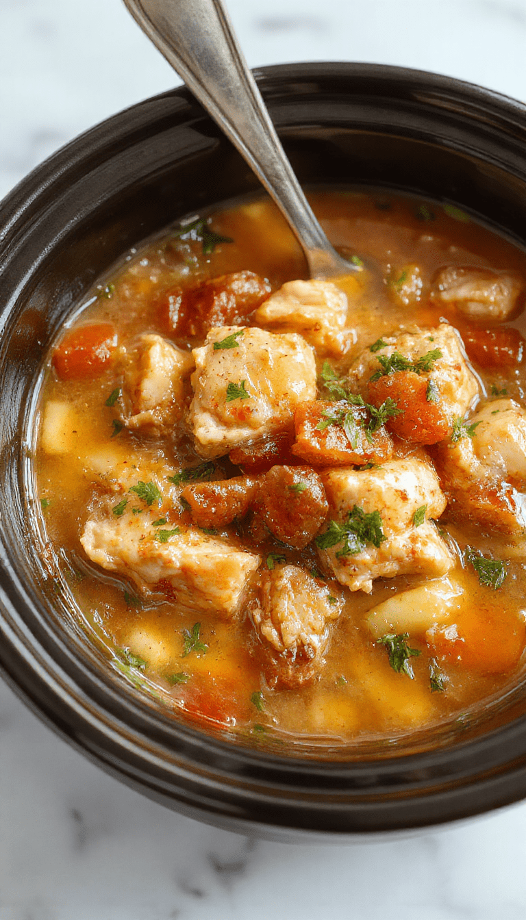 A vibrant bowl of slow cooker chicken stew featuring tender shredded chicken, colorful carrots, potatoes, peas, and herbs in a rich, savory broth, served with fresh bread on a rustic wooden table.