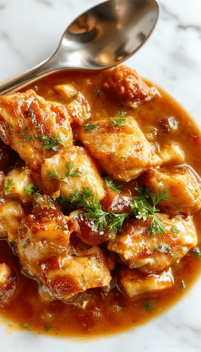 A rustic bowl of hearty chicken stew topped with fresh herbs, featuring tender chicken pieces, vibrant vegetables, and a rich broth. The dish is garnished with parsley and served on a wooden table with bread on the side, showcasing textures of tender meat, chunky vegetables, and a steaming, golden-brown finish.