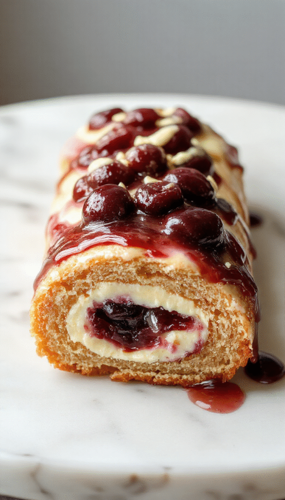 A vibrant cherry cheesecake cake roll sliced to reveal creamy filling and bright red cherries inside, garnished with powdered sugar and fresh cherries, on a rustic wooden platter with a blurred pastel background.