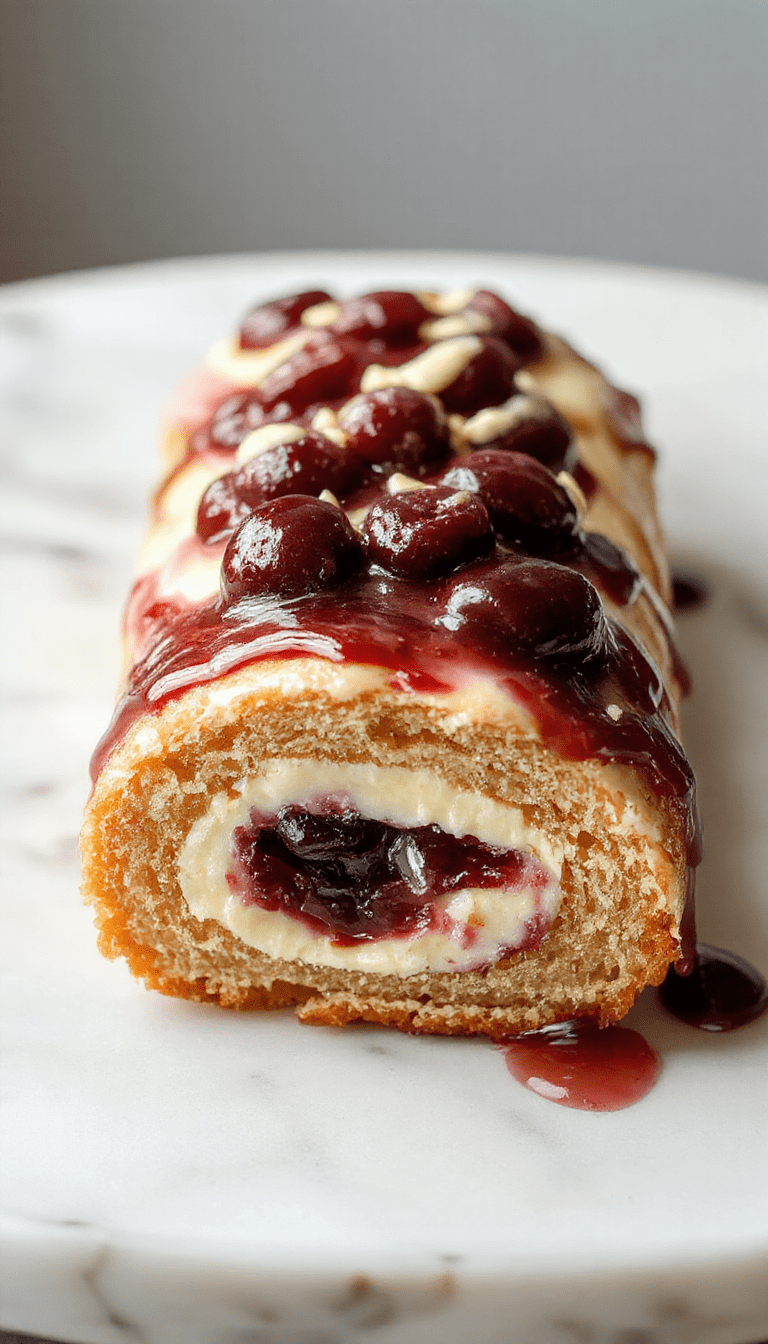 A vibrant cherry cheesecake cake roll sliced to reveal creamy filling and bright red cherries inside, garnished with powdered sugar and fresh cherries, on a rustic wooden platter with a blurred pastel background.