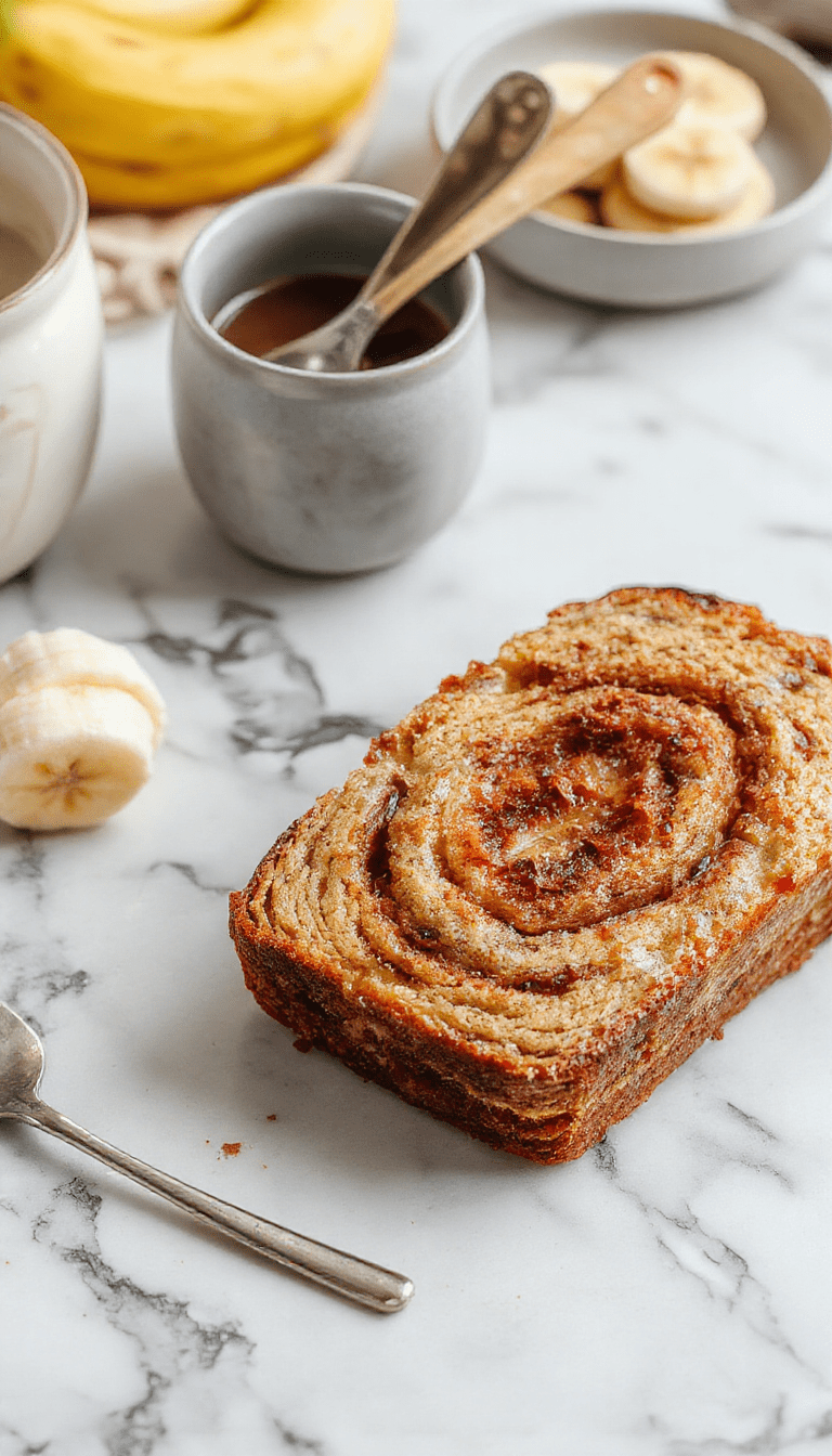 A freshly baked cinnamon swirl banana bread sliced open to reveal its moist crumb and rich cinnamon swirl, placed on a rustic wooden board with a dusting of powdered sugar and a sprig of fresh banana leaves, colorful sprinkles of cinnamon on top, with a background of a cozy kitchen setting.