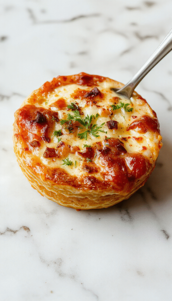 A warm, crispy pizza topped with melted cheese, caramelized onions, and chopped herbs, served on a white plate with a rustic background and a fork