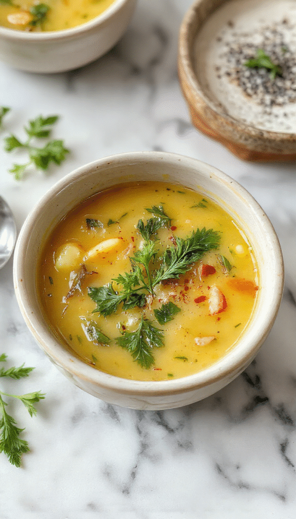 A vibrant bowl of Italian Penicillin Soup featuring a rich golden broth with chunks of chicken, fresh herbs, and colorful vegetables topped with grated cheese, served in a rustic bowl on a wooden table, steam rising to evoke warmth and comfort, styled with herbs and bread on the side for a cozy meal