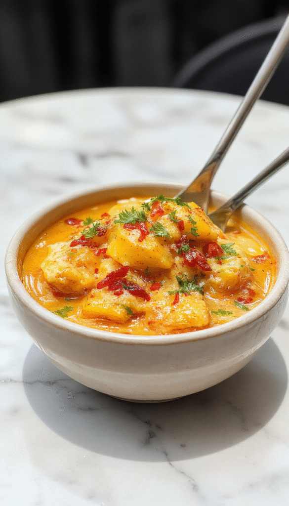 Colorful mango chicken curry served in a white bowl with vibrant orange and yellow mango chunks, tender chicken pieces, garnished with fresh cilantro, set on a rustic wooden table with a spoon nearby, showcasing a rich, spicy sauce with textured ingredients and a dollop of cream on top.