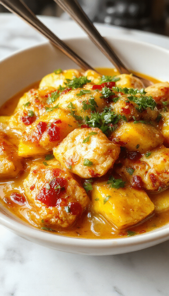 A vibrant plate of mango chicken curry featuring tender chicken chunks coated in a rich, golden-yellow sauce dotted with bright orange mango pieces, garnished with fresh cilantro and served with steamed rice on a rustic white plate, with a colorful napkin and fragrant spices in the background.