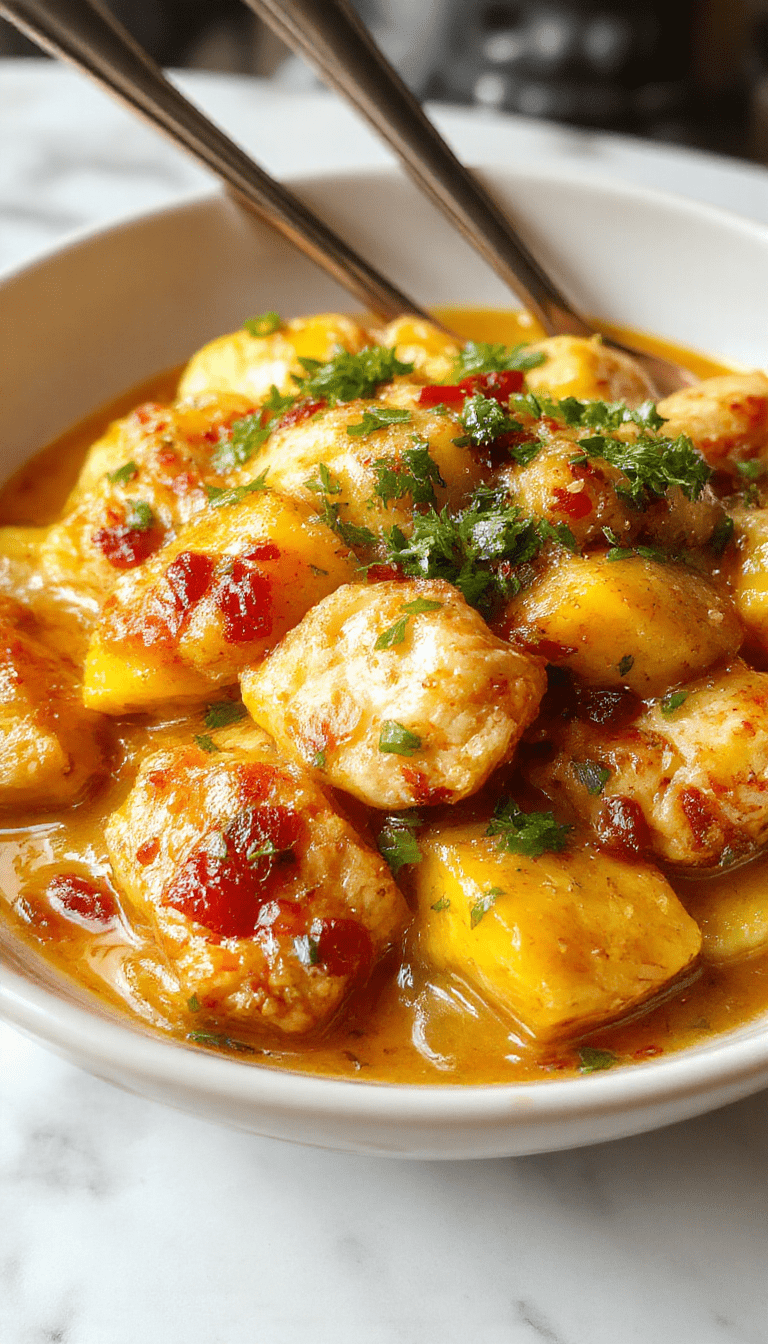 A vibrant plate of mango chicken curry featuring tender chicken chunks coated in a rich, golden-yellow sauce dotted with bright orange mango pieces, garnished with fresh cilantro and served with steamed rice on a rustic white plate, with a colorful napkin and fragrant spices in the background.