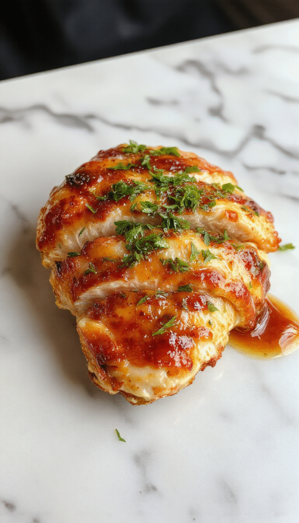 Colorful plated chicken breast with golden crispy edges served on a white plate, garnished with fresh herbs and vibrant vegetables, showcasing juicy, tender meat with a glazed, slightly crispy surface