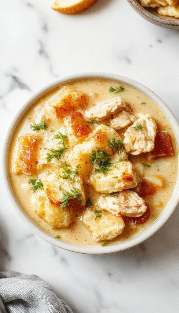 A steaming bowl of keto chicken pot pie soup with golden flaky crust crumbles on top, vibrant chunks of chicken, carrots, and celery in a creamy broth, garnished with chopped herbs, styled in a rustic white bowl on a wooden table.