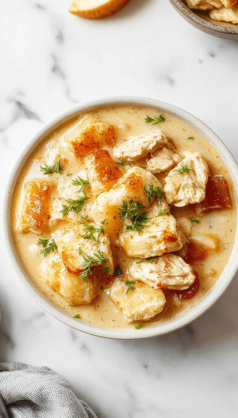 A steaming bowl of keto chicken pot pie soup with golden flaky crust crumbles on top, vibrant chunks of chicken, carrots, and celery in a creamy broth, garnished with chopped herbs, styled in a rustic white bowl on a wooden table.