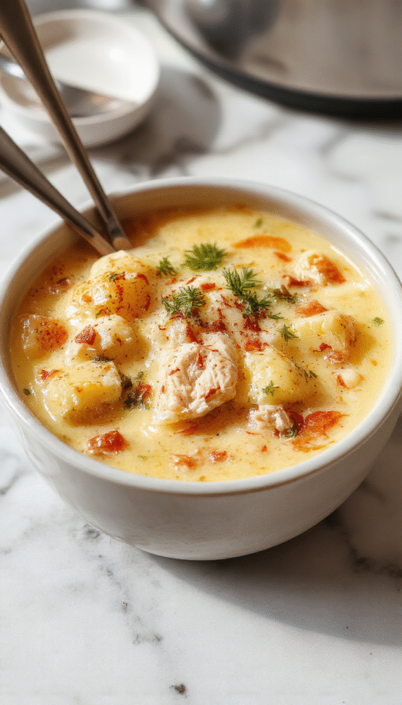 A bowl of creamy keto chicken pot pie soup garnished with fresh herbs, served alongside a crustless mini pie, vibrant vegetables and tender shredded chicken in a rich, golden broth.