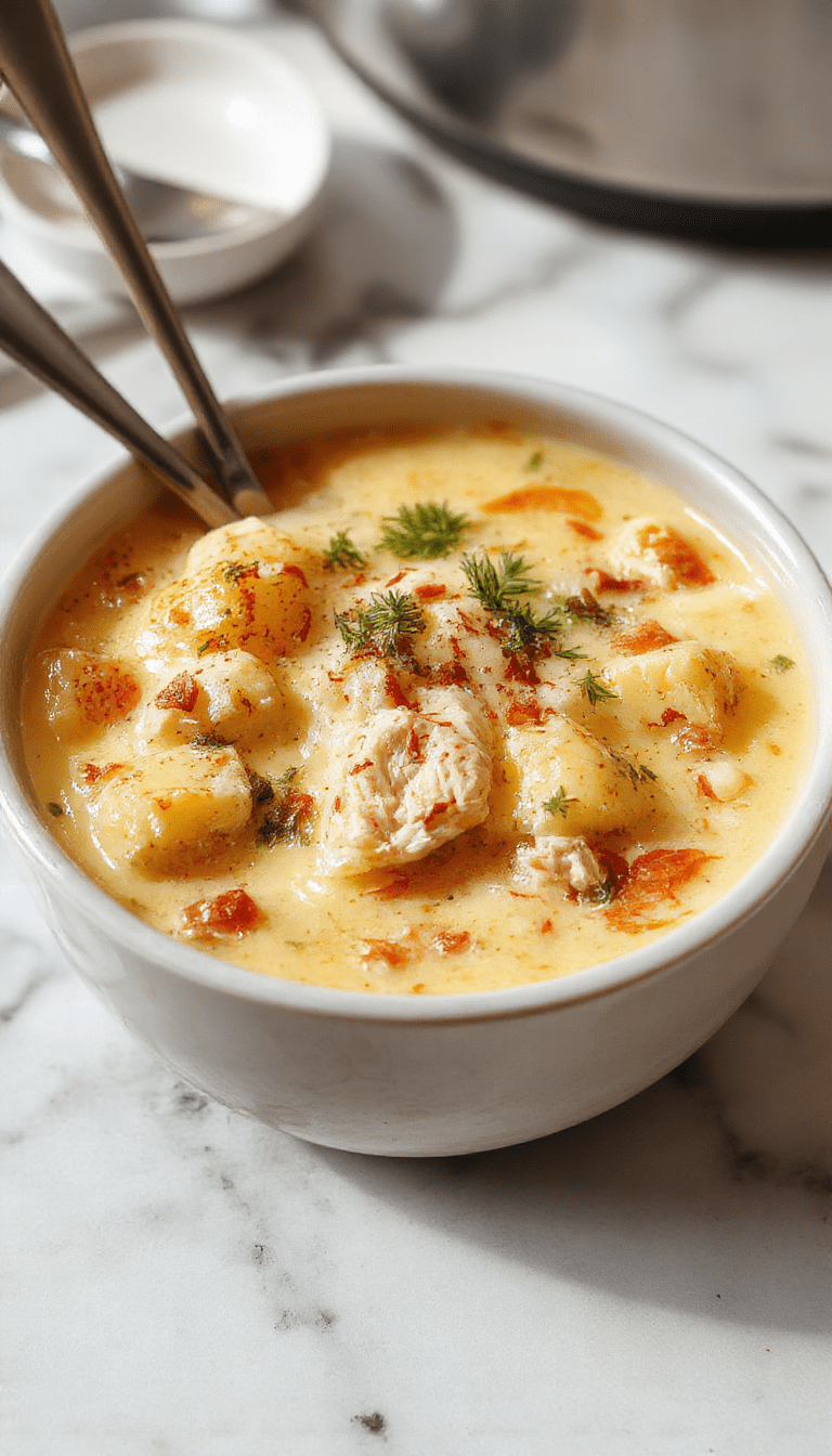 A bowl of creamy keto chicken pot pie soup garnished with fresh herbs, served alongside a crustless mini pie, vibrant vegetables and tender shredded chicken in a rich, golden broth.