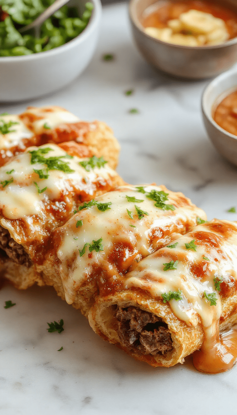 Colorful keto Philly cheesesteak rolls plated on a rustic wooden surface, showcasing golden-brown crust with melted cheese and tender sliced beef, garnished with chopped green onions, styled simply for an appetizing presentation.