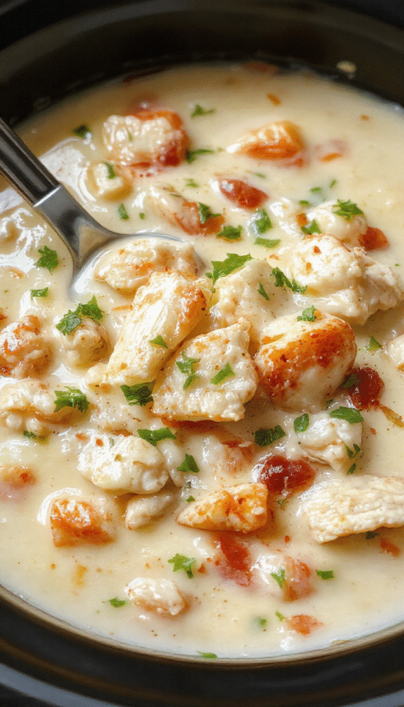 A vibrant bowl of white chicken chili topped with shredded cheese, chopped cilantro, and a dollop of sour cream, served alongside rustic cornbread on a wooden table, with steam visible and a cozy fall background.
