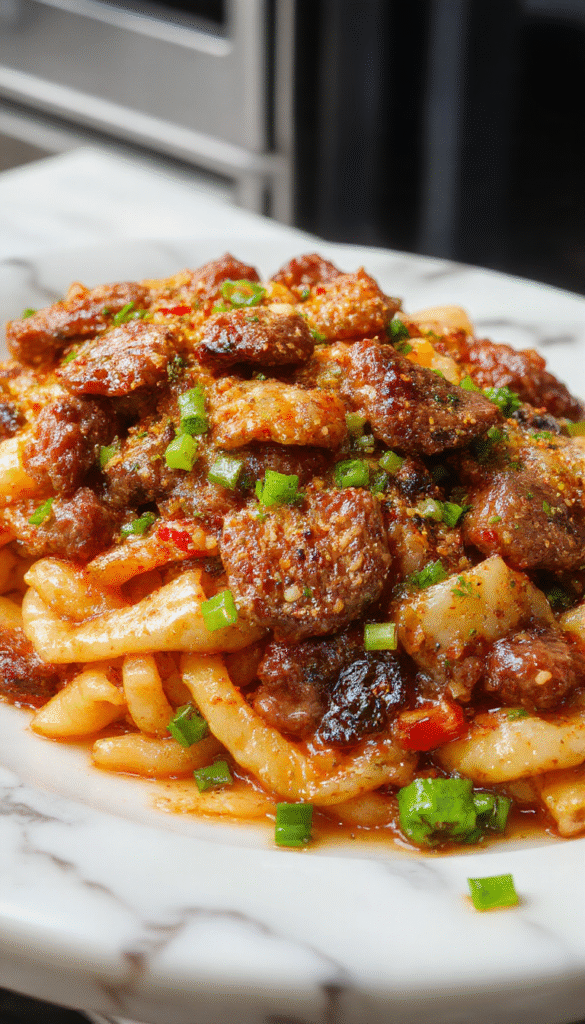 Colorful Korean beef stir fry plated on a white dish, featuring thin slices of marinated beef, vibrant bell peppers, green onions, and a glossy sauce with sesame seeds, styled with chopsticks on a rustic wooden table