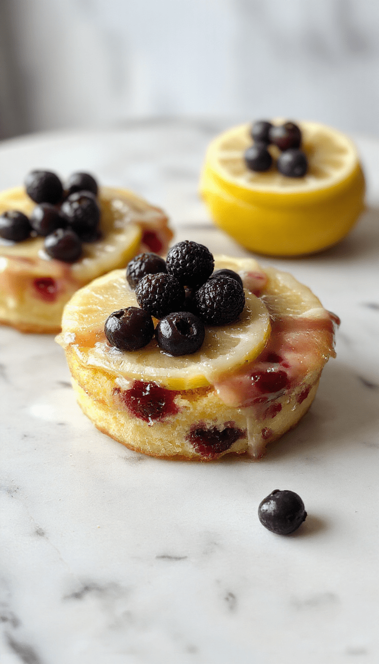 A vibrant lemon blueberry cake on a white plate, topped with fresh blueberries and lemon zest, showcasing moist golden layers and a glossy glaze, with a sprig of mint for garnish, styled on a rustic wooden table.