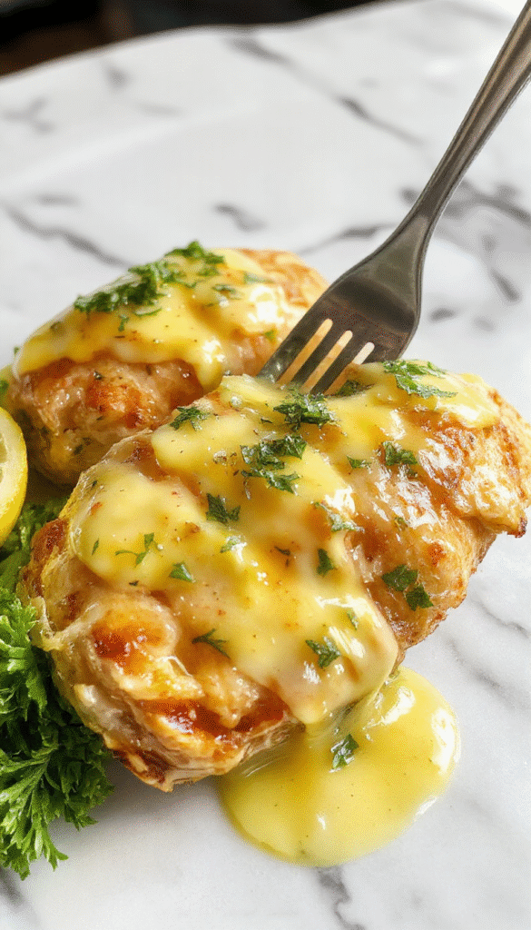 A vibrant plate of lemon chicken topped with a glossy lemon butter sauce, garnished with fresh lemon slices and herbs, served on a white ceramic dish with a rustic wooden table background, colorful vegetables on the side, and a sprig of parsley for garnish.