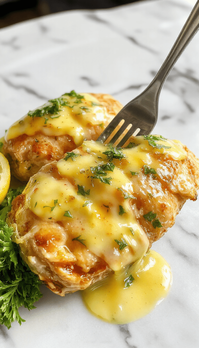 A vibrant plate of lemon chicken topped with a glossy lemon butter sauce, garnished with fresh lemon slices and herbs, served on a white ceramic dish with a rustic wooden table background, colorful vegetables on the side, and a sprig of parsley for garnish.