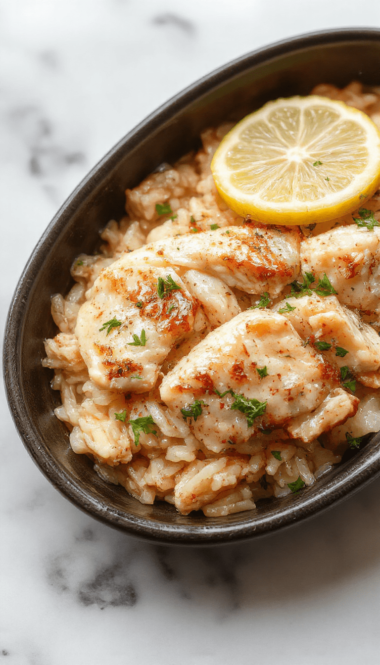 Colorful plated lemon herb chicken and fluffy rice garnished with fresh herbs, served on a white plate with lemon slices and vibrant green herbs, highlighting juicy, seasoned chicken with a textured rice background and bright lemon accents.