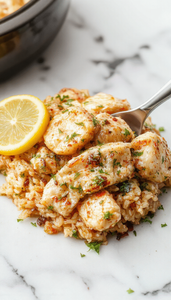 Colorful plate featuring tender shredded chicken glazed with lemon and herbs, accompanied by fluffy rice, garnished with fresh herbs and lemon slices, styled on a rustic white plate with sprigs of thyme and lemon wedges, set against a light wooden background for a fresh, appetizing look.
