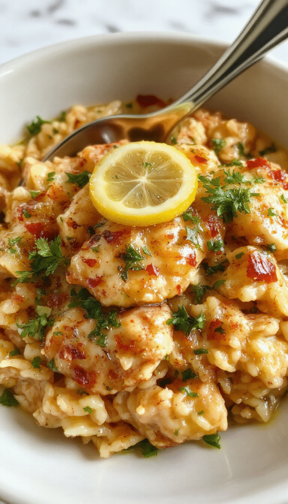 A colorful plate featuring tender slow-cooked lemon herb chicken pieces with fluffy rice, garnished with fresh herbs and lemon slices, styled on a rustic wooden table with a sprig of herbs and lemon wedges in the background