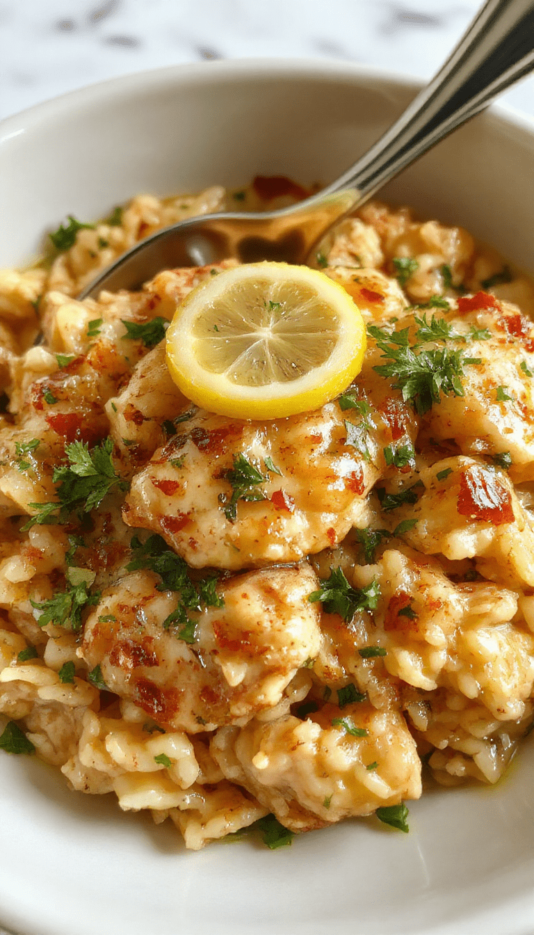 A colorful plate featuring tender slow-cooked lemon herb chicken pieces with fluffy rice, garnished with fresh herbs and lemon slices, styled on a rustic wooden table with a sprig of herbs and lemon wedges in the background