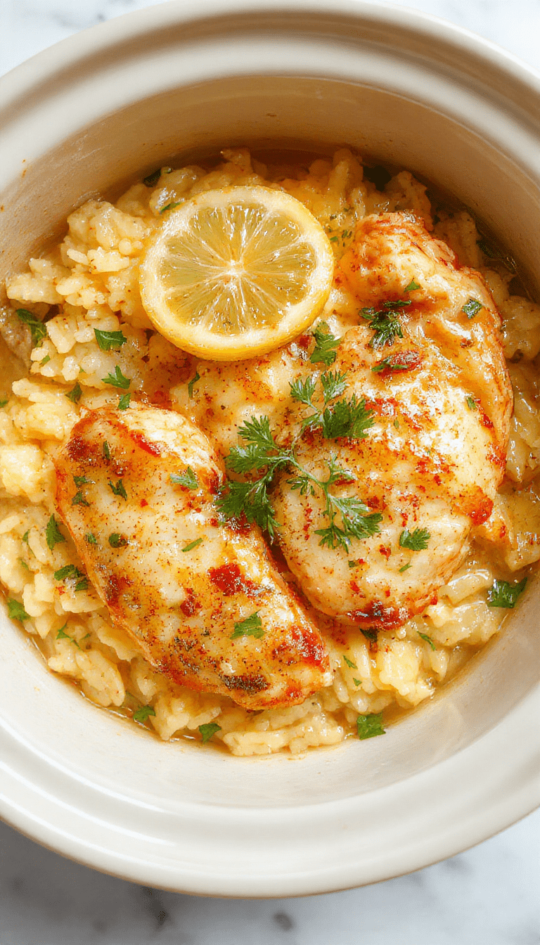 Colorful plate featuring tender shredded chicken in a vibrant lemon herb sauce, served atop fluffy rice with fresh herbs and lemon slices, garnished with green herbs for an inviting presentation