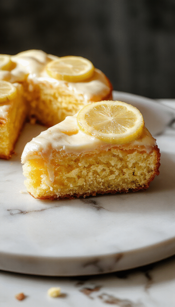 A vibrant lemon sponge pie displayed on a white plate with a golden brown crust, topped with fresh lemon slices and a dusting of powdered sugar, garnished with mint leaves, with a rustic wooden background and natural lighting highlighting the bright yellow filling and fluffy sponge texture.