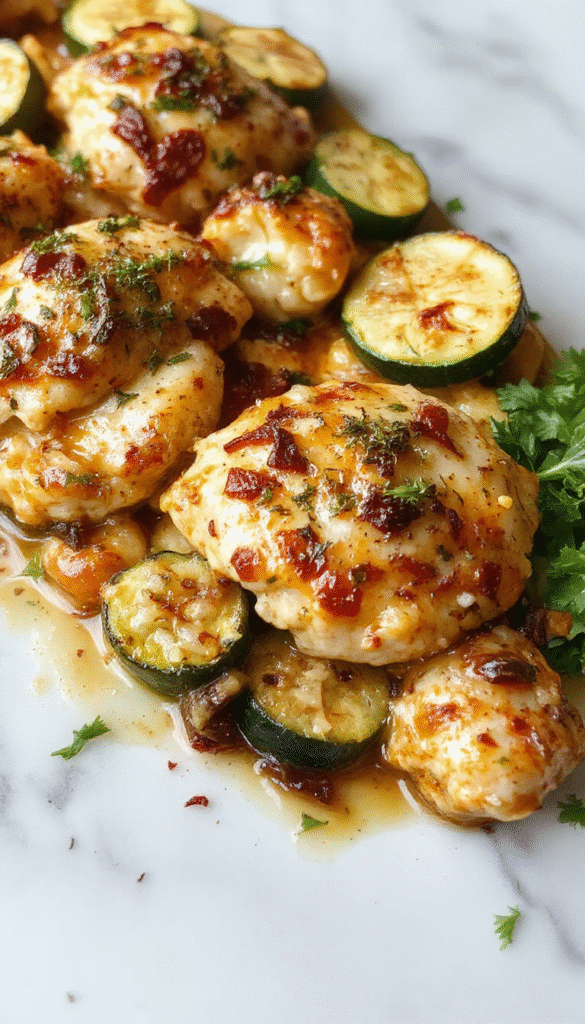 Colorful Mediterranean chicken zucchini bake served in a rustic white dish. The dish features tender chicken pieces, vibrant green zucchini slices, cherry tomatoes, and olives, all garnished with fresh herbs. The presentation emphasizes the textures of roasted vegetables and juicy grilled chicken, with a drizzle of olive oil and a sprinkle of herbs on top, styled on a wooden table with natural lighting.