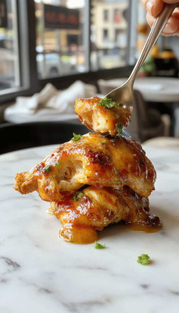 Colorful plate featuring perfectly cooked melt in your mouth chicken with a golden crispy exterior and juicy tender interior, garnished with fresh herbs on a rustic wooden table