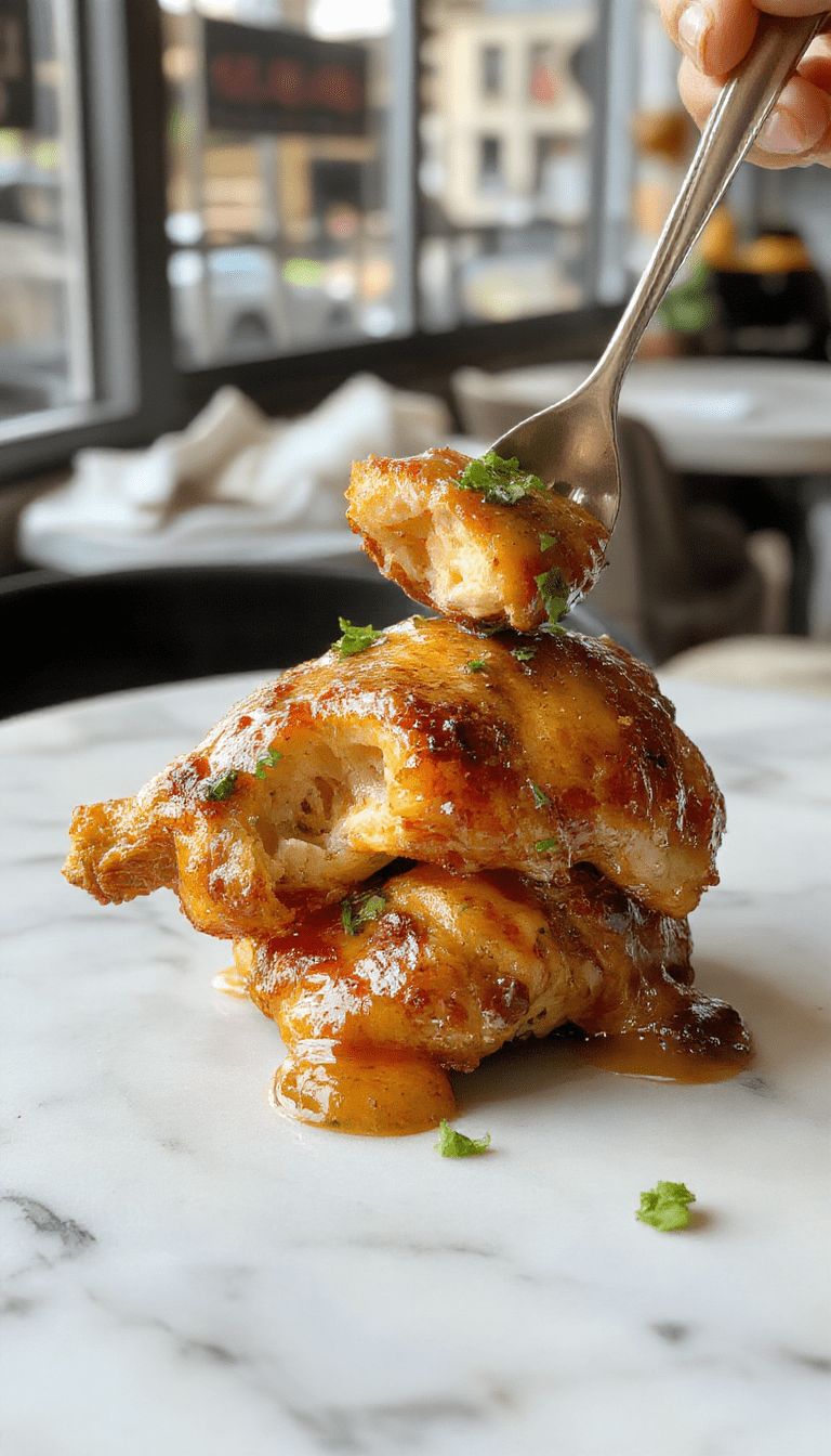 Colorful plate featuring perfectly cooked melt in your mouth chicken with a golden crispy exterior and juicy tender interior, garnished with fresh herbs on a rustic wooden table