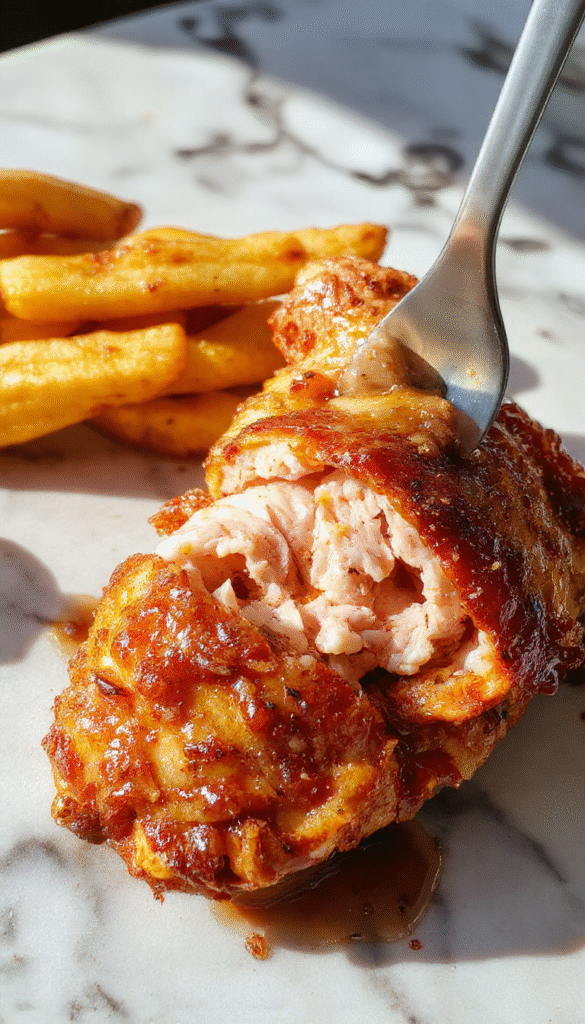 A close-up of perfectly cooked chicken breasts with golden crispy edges, shiny juicy surface, served on a white plate garnished with fresh herbs, with a rustic wooden background and a drizzle of sauce highlighting its tenderness.