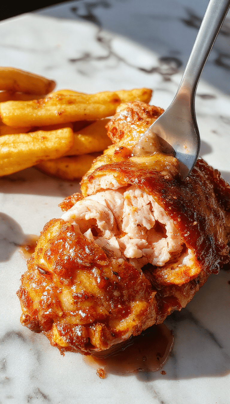 A close-up of perfectly cooked chicken breasts with golden crispy edges, shiny juicy surface, served on a white plate garnished with fresh herbs, with a rustic wooden background and a drizzle of sauce highlighting its tenderness.