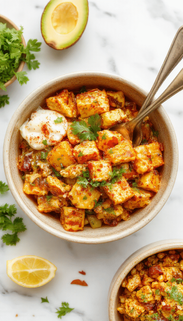 A vibrant plate featuring a colorful Mexican-inspired chicken bowl topped with grilled corn, fresh cilantro, cherry tomatoes, and crumbled cheese, served with lime wedges. The dish showcases tender grilled chicken pieces and roasted corn kernels with a garnish of colorful sliced vegetables, all styled on a rustic wooden table with natural lighting highlighting the textures and vivid colors.