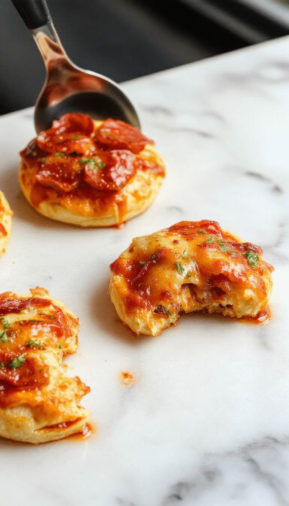 Colorful mini deep dish crescent roll pizzas with melted cheese, pepperoni and fresh vegetables arranged on a stylish white platter, featuring golden-brown crust textures and vibrant toppings, styled for an inviting hand-held snack.